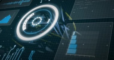 Animation of clock moving over data processing on black background. Global communication and data security concept digitally generated video.