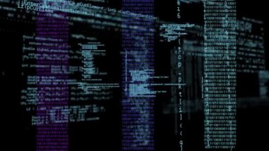 Siyah arkaplanda veri işleme animasyonu. Küresel iş, bilgisayar ve dijital arayüz kavramı dijital olarak oluşturulmuş video.