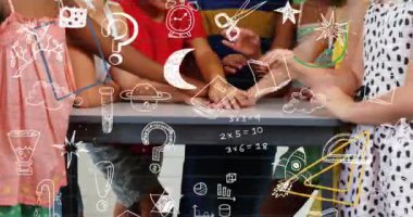 Animation of falling school white icons over diverse group of pupils. School, education and study concept digitally generated video.