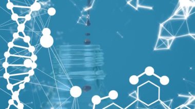 Kimyasal formüllerin canlandırılması ve sıvının mavi arka planda şişeye yapışması. Bilim, kimya ve tıp konsepti dijital olarak üretilen video.