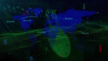 Noktalar üzerinde veri işleme ve dünya haritası animasyonu. Küresel iş ve dijital arayüz kavramı dijital olarak oluşturulmuş video.