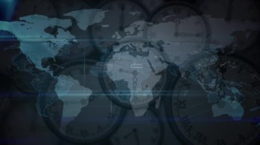 Dünya haritasının animasyonu ve hareket eden saatler üzerindeki bağlantı ağı. Küresel iş, bilgisayar ve dijital arayüz kavramı dijital olarak oluşturulmuş video.