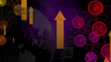 Küre animasyonu, havada süzülen oklar ve menekşe arka planda bağlantılar. Ağ, bilgisayarlar, iletişim ve teknoloji konsepti dijital olarak oluşturulmuş video.