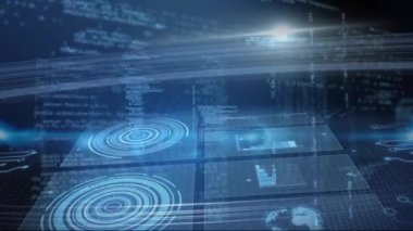 Siyah arkaplanda veri işleme animasyonu. Küresel iş, bilgisayar ve dijital arayüz kavramı dijital olarak oluşturulmuş video.