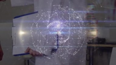 Kafkas erkek doktorların el sıkışması üzerine dünya ile olan bağlantıların animasyonu. Dijital olarak üretilen sağlık, tıp, bağlantılar ve teknoloji konsepti.