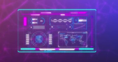 Animation of data processing and network of connections on purple background. Global business, computing and digital interface concept digitally generated video.