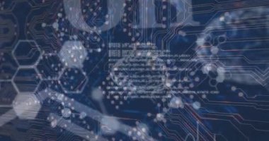 Siyah arkaplan üzerinden veri işleme ve bağlantı ağının animasyonu. Dijital olarak oluşturulmuş küresel bağlantılar, teknoloji ve dijital arayüz kavramı.