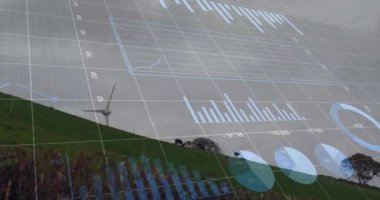 Kırsal kesimde rüzgar türbini üzerinden finansal veri işleme animasyonu. Küresel çevre, yeşil enerji ve sürdürülebilirlik kavramı dijital olarak oluşturulmuş video.