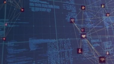 Siyah arkaplan üzerinden veri işleme ve bağlantı ağının animasyonu. Dijital olarak oluşturulmuş küresel bağlantılar, bilgisayar ve dijital arayüz kavramı.