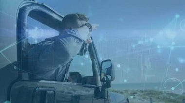 Animation of connections over happy caucasian man in off road car. Vacations, adventure, relax and connections concept digitally generated video.