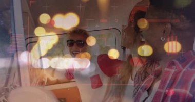 Arabadaki farklı insanlar üzerinde dijital veri işleme ve parlayan ışıkların animasyonu. Dijital olarak oluşturulmuş küresel bağlantılar, veri işleme ve dijital arayüz kavramı.