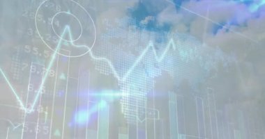 Mavi gökyüzündeki bulutların üzerinde işlenen finansal verilerin animasyonu. Küresel çevre, yeşil enerji ve sürdürülebilirlik kavramı dijital olarak oluşturulmuş video.