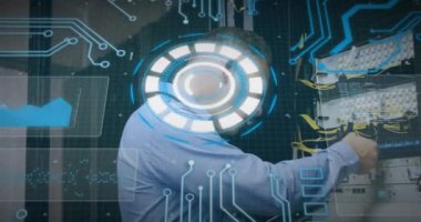 Animation of scope scanning and data processing over man using tablet in warehouse. Global communication technology social media and digital interface concept digitally generated video.
