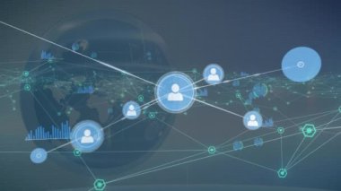Animation of network of connections and globe over blue digital space. Global network, connections and digital interface concept digitally generated video.