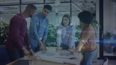 Animation of network of connections over group of diverse business people. Global business, finances, data processing and digital interface concept digitally generated video.