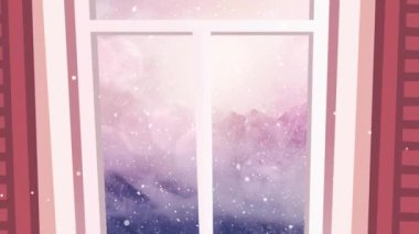 Noel 'de kış manzarasına düşen pencere ve kar animasyonları. Noel geleneği ve kutlama konsepti dijital olarak oluşturulmuş video.