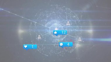 Mavi arkaplan üzerinde veri işleme ve ortam simgelerinin canlandırılması. Küresel iş ve dijital arayüz kavramı dijital olarak oluşturulmuş video.