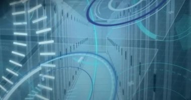 Bilgisayar sunucularında metin ve kapsam taraması animasyonu. Veri depolama ve iş teknolojisi kavramı.