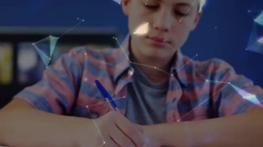 Animation of network of connections and globe over caucasian student. Global education, connections and digital interface concept digitally generated video.