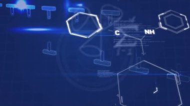 Animation of chemical formulas, dna and data processing on navy background. Science, biology and technology concept digitally generated video.
