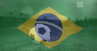 Stadyumdaki futbol maçında Brezilya bayrağı animasyonu. Küresel spor, vatanseverlik ve dijital arayüz kavramı dijital olarak üretilen video.