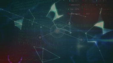 Animation of shapes, globe and connections over black digital space. Global network, connections, communication, data processing and technology concept digitally generated video.