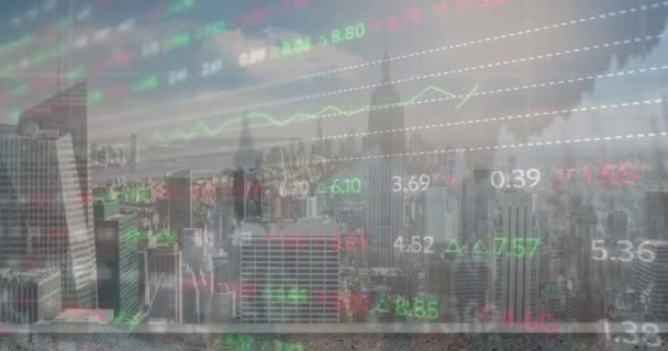 Animation Financial Graph Data Processing Cityscape Global Business Finances Data — Vídeo de Stock