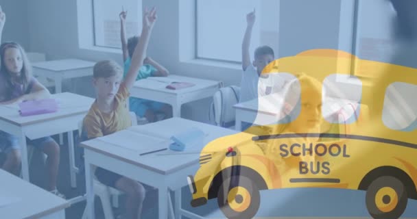 Animation Back School Text School Bus Icon Diverse Teacher Schoolchildren — Stock video