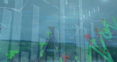 Manzara üzerinde veri işleme resmi. Küresel iş ve dijital arayüz kavramı dijital olarak oluşturulmuş görüntü.