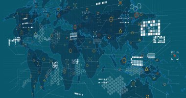 Yeşil arkaplandaki dünya haritasının üzerindeki veri ve simgelerin resmi. Küresel ağ, iletişim, veri işleme ve teknoloji konsepti dijital olarak oluşturulmuş görüntü.