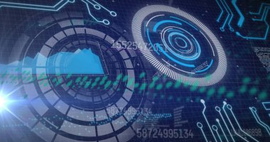 Donanma arkaplanındaki çeşitli verilerin ve çemberlerin işleme görüntüsü. Küresel veri işleme, finans ve teknoloji konsepti dijital olarak oluşturuldu.