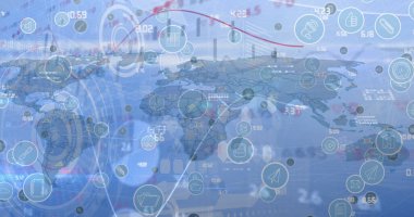 Mavi arkaplanda veri işleme resmi. küresel iş ve dijital arayüz kavramı dijital olarak oluşturulmuş görüntü.