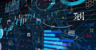 Dünya haritası üzerinde finansal veri işleme resmi. Küresel bilim, bağlantılar, veri işleme ve dijital arayüz kavramı dijital olarak oluşturuldu.