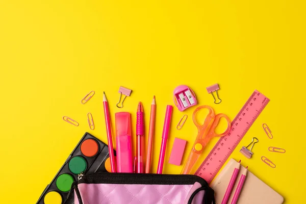Video Composition Pink School Items Case Yellow Surface School Equipment — Stockfoto