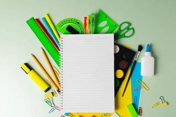 Composition School Equipment Notebook Copy Space Light Green Surface School — Stockfoto