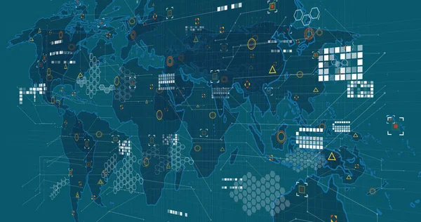 Yeşil arkaplandaki dünya haritasının üzerindeki veri ve simgelerin resmi. Küresel ağ, iletişim, veri işleme ve teknoloji konsepti dijital olarak oluşturulmuş görüntü.