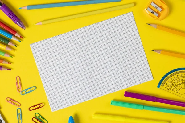 Imagine Various Office Supplies Plastic Utensils Notebook Crayons Yellow Background — ストック写真