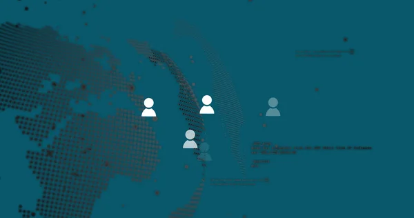 Image of user icons over globe and data on green background. Global network, communication, data processing and technology concept digitally generated image.