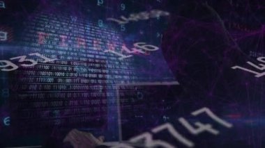 Kafkasyalı erkek hacker üzerinde veri işleme animasyonu. Küresel iş, bilgisayar ve dijital arayüz kavramı dijital olarak oluşturulmuş video.