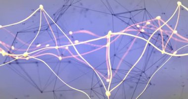 Mavi arkaplan üzerindeki bağlantı ağının animasyonu. Dijital olarak oluşturulmuş küresel bağlantılar, veri işleme ve dijital arayüz kavramı.