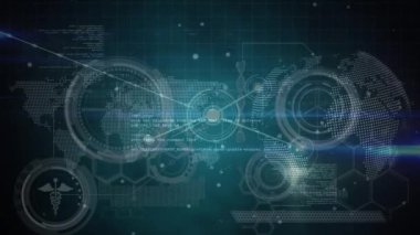 Veri işleme ağı ve kara arkaplan üzerindeki dünya bağlantılarının animasyonu. Küresel teknoloji, bilgisayar ve dijital arayüz kavramı dijital olarak oluşturulmuş video.