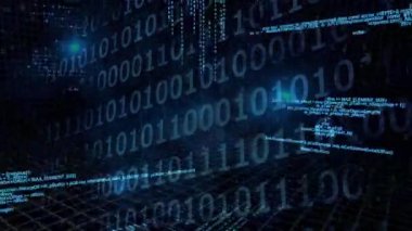 Siyah arkaplanda veri işleme animasyonu. Küresel iş, bilgisayar ve dijital arayüz kavramı dijital olarak oluşturulmuş video.