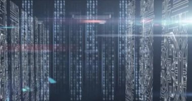 Veri işleme ve siyah zemin üzerindeki ışık izlerinin animasyonu. Küresel iş, bilgisayar ve dijital arayüz kavramı dijital olarak oluşturulmuş video.