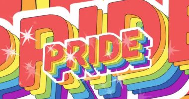 Beyaz yıldızlarla hareket eden gökkuşağı renklerinde tekrarlanan gurur metninin animasyonu. Lgbtq gurur ve eşitlik kutlaması konsepti dijital olarak oluşturuldu.