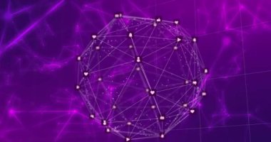 Mor arkaplandaki simgelerle bağlantı dünyasının animasyonu. Küresel iş, bilgisayar ve dijital arayüz kavramı dijital olarak oluşturulmuş video.