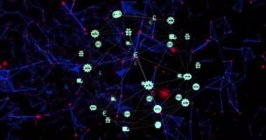 Siyah arkaplandaki simgelerle bağlantı ağının animasyonu. Bağlantı teknolojisi ve dijital arayüz konsepti dijital olarak oluşturulmuş video.