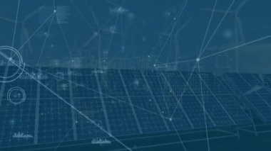Güneş panelleri ve rüzgar türbinleri üzerindeki bağlantı ağının ve dijital şehir manzarasının animasyonu. Dijital olarak oluşturulmuş küresel bağlantılar, bilgisayar ve dijital arayüz kavramı.