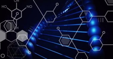 Animation of dna rotating over chemical formulas on black background. Science, human biology and technology concept digitally generated video.