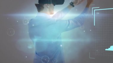 Animation of data processing with people portraits over caucasian businessman using vr headset. Global business and digital interface concept digitally generated video.