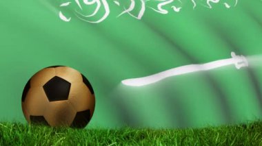 Animation of flag of saudi arabia and football over stadium. Global sport, patriotism and digital interface concept digitally generated video.